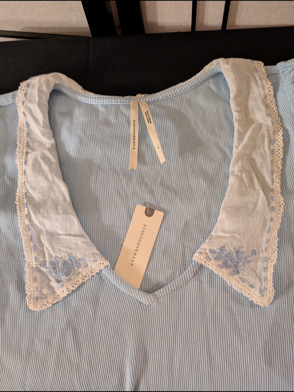 NWT Anthropologie Blue Puff Sleeve Embroidered Collar Top Size L